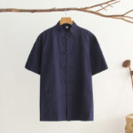 Buddha Stones Chinese Frog-Button Tang Suit Men's Short Sleeve Cotton Shirt With Pockets Men's Shirts BS MidnightBlue 4XL(Fit for US/UK/AU44; EU54)