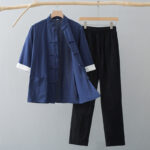 Buddha Stones Traditional Frog-Button Tang Suit Cotton Half Sleeve Top Pants Clothing Men's Set Men's Meditation Cloth BS Navy Blue Top&Black Pants 4XL(Fit for US/UK/AU44; EU54)
