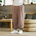 Buddha Stones Summer Plain Men's Cotton Linen Tapered Pants With Pockets Men's Pants BS SandyBrown 5XL(Fit for US/UK/AU48; EU58)