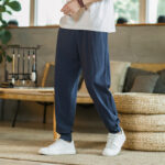 Buddha Stones Summer Plain Men's Cotton Linen Tapered Pants With Pockets Men's Pants BS SteelBlue 5XL(Fit for US/UK/AU48; EU58)