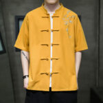 Buddha Stones Frog-Button Leaf Dragonfly Embroidery Men's Short Sleeve Shirt Men's Shirts BS Gold 5XL(Fit for USUK/AU46; EU56)
