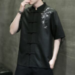 Buddha Stones Frog-Button Leaf Dragonfly Embroidery Men's Short Sleeve Shirt Men's Shirts BS 19