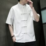 Buddha Stones Frog-Button Leaf Dragonfly Embroidery Men's Short Sleeve Shirt Men's Shirts BS 3