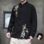 Buddha Stones Chinese Frog-Button Tang Suit Bamboo Leaves Long Sleeve Shirt Cotton Linen Men's Jacket Men's Shirts BS 8