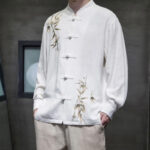 Buddha Stones Chinese Frog-Button Tang Suit Bamboo Leaves Long Sleeve Shirt Cotton Linen Men's Jacket Men's Shirts BS 1