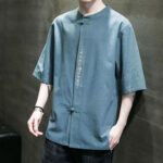 Buddha Stones Plain Color Frog-Button Embroidery Men's Half Sleeve Cotton Shirt Men's Shirts BS 2