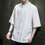 Buddha Stones Plain Color Frog-Button Embroidery Men's Half Sleeve Cotton Shirt Men's Shirts BS 20