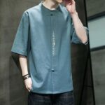 Buddha Stones Plain Color Frog-Button Embroidery Men's Half Sleeve Cotton Shirt Men's Shirts BS 1