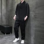 Buddha Stones Solid Color Three Quarter Sleeve Shirt Casual Pants Clothing Men's Set Men's Meditation Cloth BS 10