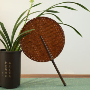 Buddha Stones Vintage Chinese Style Handmade Round Octagonal Shaped Bamboo Long Handle Fan Fan BS Round 23*37.5cm