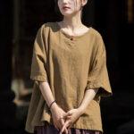 Buddha Stones Causal Half Sleeve Ramie Linen Cotton T-shirt Tee Women's T-Shirts BS DarkKhaki F(Fit for US4-8/10; UK/AU8-12/14; EU36-40/42)