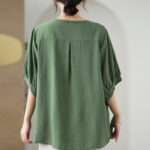Buddha Stones Flower Embroidery Design Half Sleeve Cotton Linen T-shirt Tee Women's T-Shirts BS 2