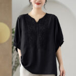 Buddha Stones Flower Embroidery Design Half Sleeve Cotton Linen T-shirt Tee Women's T-Shirts BS 12