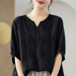 Buddha Stones Flower Embroidery Design Half Sleeve Cotton Linen T-shirt Tee Women's T-Shirts BS Black F(Fit for US4-6; UK/AU8-10; EU36-38)