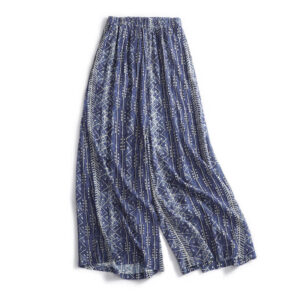 Buddha Stones Blue Stripes Print Cotton Linen Wide Leg Pants With Pockets Women's Wide Leg Pants BS 2XL(Fit for US8-10; UK/AU12-14; EU40-42)