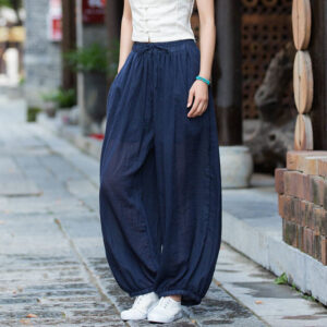 Buddha Stones Summer Plain Color Linen Drawstring Pants With Pockets Women's Pants BS SteelBlue F(Fit for US4-6; UK/AU8-10; EU36-38)