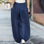 Buddha Stones Summer Plain Color Linen Drawstring Pants With Pockets Women's Pants BS 3
