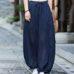 Buddha Stones Summer Plain Color Linen Drawstring Pants With Pockets Women's Pants BS 9