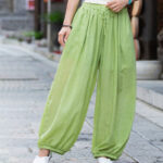 Buddha Stones Summer Plain Color Linen Drawstring Pants With Pockets Women's Pants BS 20
