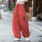 Buddha Stones Summer Plain Color Linen Drawstring Pants With Pockets Women's Pants BS Salmon F(Fit for US4-6; UK/AU8-10; EU36-38)