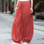 Buddha Stones Summer Plain Color Linen Drawstring Pants With Pockets Women's Pants BS 28