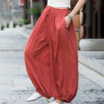 Buddha Stones Summer Plain Color Linen Drawstring Pants With Pockets Women's Pants BS 32