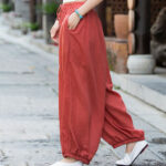 Buddha Stones Summer Plain Color Linen Drawstring Pants With Pockets Women's Pants BS 33