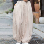 Buddha Stones Summer Plain Color Linen Drawstring Pants With Pockets Women's Pants BS 17