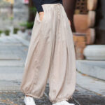 Buddha Stones Summer Plain Color Linen Drawstring Pants With Pockets Women's Pants BS 14