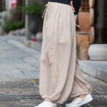 Buddha Stones Summer Plain Color Linen Drawstring Pants With Pockets Women's Pants BS 15