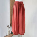 Buddha Stones Summer Plain Color Linen Drawstring Pants With Pockets Women's Pants BS 35
