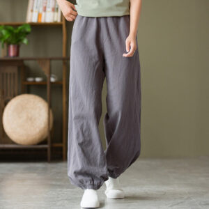 Buddha Stones Plain Color Ramie Linen Cotton Pants With Pockets Women's Pants BS DarkGray L(Fit for US4; UK/AU8; EU36)