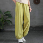Buddha Stones Plain Color Ramie Linen Cotton Pants With Pockets Women's Pants BS YellowGreen L(Fit for US4; UK/AU8; EU36)