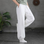 Buddha Stones Plain Color Ramie Linen Cotton Pants With Pockets Women's Pants BS White L(Fit for US4; UK/AU8; EU36)