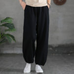 Buddha Stones Plain Color Ramie Linen Cotton Pants With Pockets Women's Pants BS Black L(Fit for US4; UK/AU8; EU36)