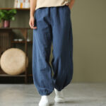 Buddha Stones Plain Color Ramie Linen Cotton Pants With Pockets Women's Pants BS SteelBlue L(Fit for US4; UK/AU8; EU36)