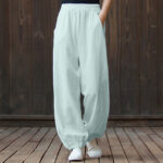Buddha Stones Plain Color Ramie Linen Cotton Pants With Pockets Women's Pants BS MintCream L(Fit for US4; UK/AU8; EU36)