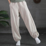 Buddha Stones Plain Color Ramie Linen Cotton Pants With Pockets Women's Pants BS 12