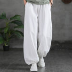 Buddha Stones Plain Color Ramie Linen Cotton Pants With Pockets Women's Pants BS 24