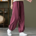 Buddha Stones Plain Color Ramie Linen Cotton Pants With Pockets Women's Pants BS 49