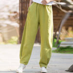 Buddha Stones Casual Ramie Linen Cotton Yoga Pants With Pockets Women's Pants BS GreenYellow L(Fit for US4; UK/AU8; EU36)