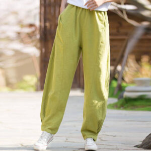 Buddha Stones Casual Ramie Linen Cotton Yoga Pants With Pockets Women's Pants BS GreenYellow L(Fit for US4; UK/AU8; EU36)