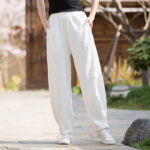 Buddha Stones Casual Ramie Linen Cotton Yoga Pants With Pockets Women's Pants BS White L(Fit for US4; UK/AU8; EU36)