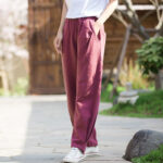 Buddha Stones Casual Ramie Linen Cotton Yoga Pants With Pockets Women's Pants BS PaleVioletRed L(Fit for US4; UK/AU8; EU36)
