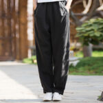 Buddha Stones Casual Ramie Linen Cotton Yoga Pants With Pockets Women's Pants BS Black L(Fit for US4; UK/AU8; EU36)