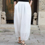 Buddha Stones Casual Summer Women's Cotton Pants With Pockets Women's Pants BS White F(Fit for US4-6; UK/AU8-10; EU36-38)