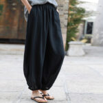 Buddha Stones Casual Summer Women's Cotton Pants With Pockets Women's Pants BS Black F(Fit for US4-6; UK/AU8-10; EU36-38)