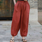 Buddha Stones Casual Summer Women's Cotton Pants With Pockets Women's Pants BS Tomato F(Fit for US4-6; UK/AU8-10; EU36-38)