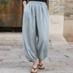 Buddha Stones Casual Summer Women's Cotton Pants With Pockets Women's Pants BS Azure F(Fit for US4-6; UK/AU8-10; EU36-38)