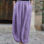 Buddha Stones Casual Summer Women's Cotton Pants With Pockets Women's Pants BS Plum F(Fit for US4-6; UK/AU8-10; EU36-38)